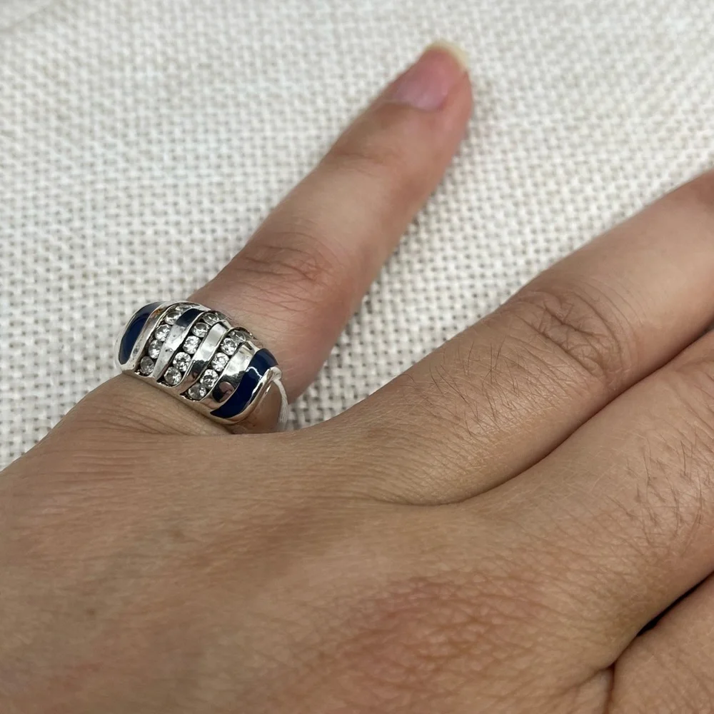 Vintage Sterling Silver Wide Band Ring with Enamel & CZ Accents Size 4.75